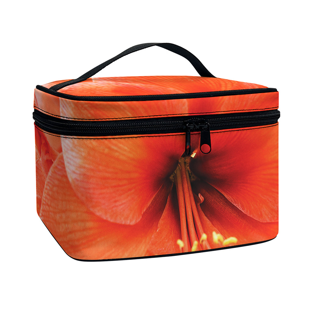 Orange Amaryllis Print Travel Makeup Bag