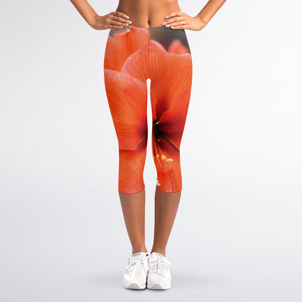 Orange Amaryllis Print Women's Capri Leggings