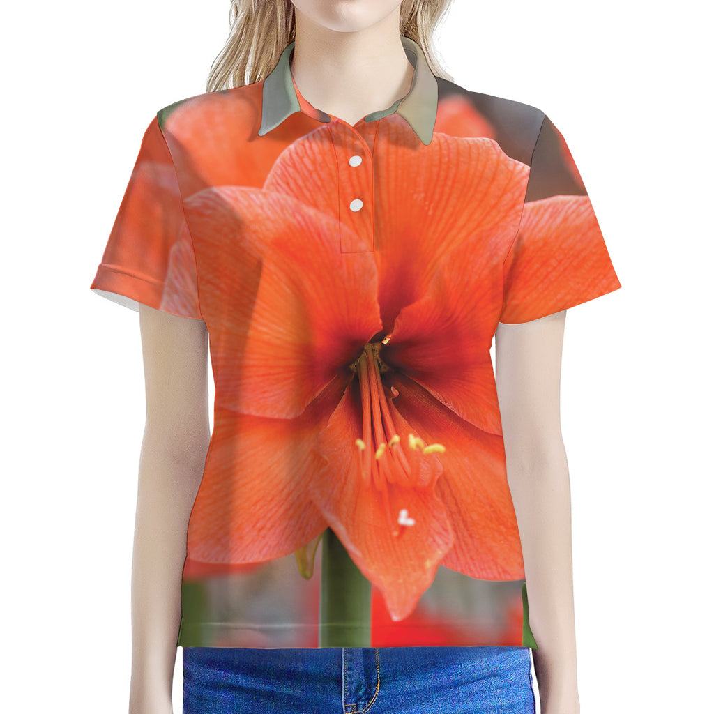 Orange Amaryllis Print Women's Polo Shirt