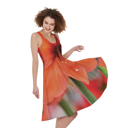 Orange Amaryllis Print Women's Sleeveless Dress