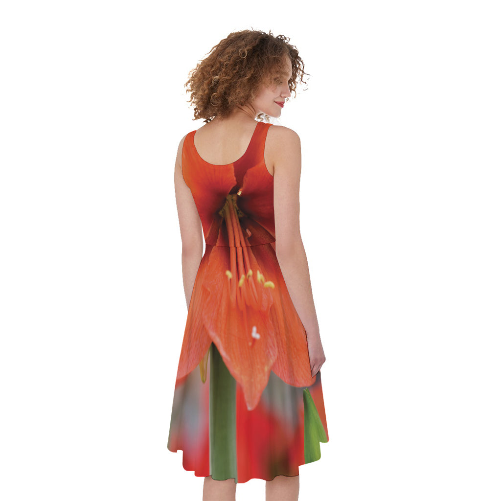 Orange Amaryllis Print Women's Sleeveless Dress