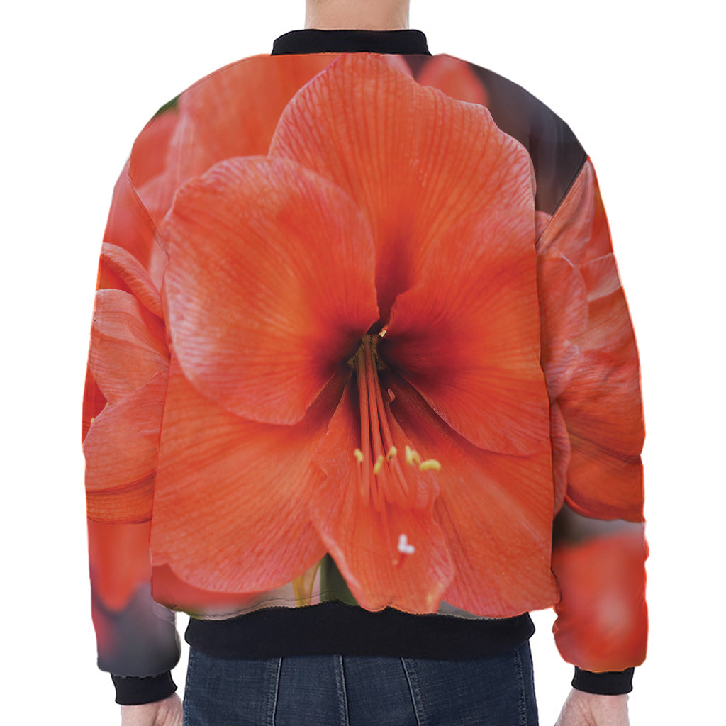 Orange Amaryllis Print Zip Sleeve Bomber Jacket