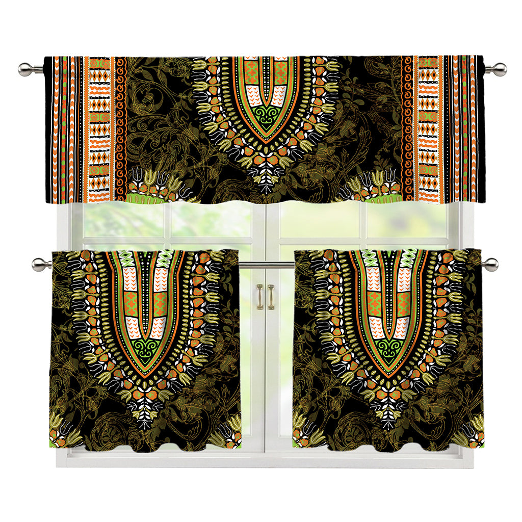Orange And Black African Dashiki Print 3 Piece Kitchen Curtains