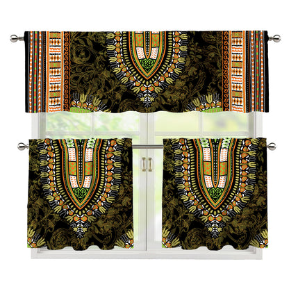 Orange And Black African Dashiki Print 3 Piece Kitchen Curtains