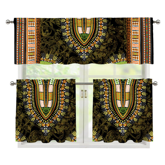 Orange And Black African Dashiki Print 3 Piece Kitchen Curtains