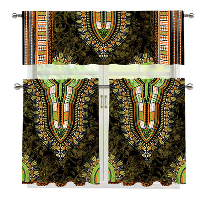 Orange And Black African Dashiki Print 3 Piece Kitchen Curtains