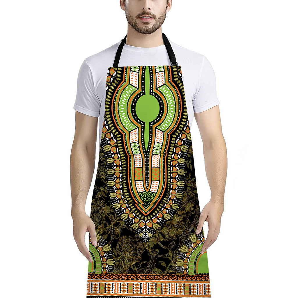 Orange And Black African Dashiki Print Bib Apron With Pocket