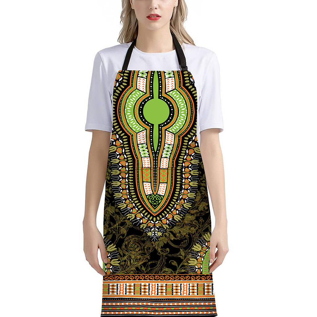 Orange And Black African Dashiki Print Bib Apron With Pocket