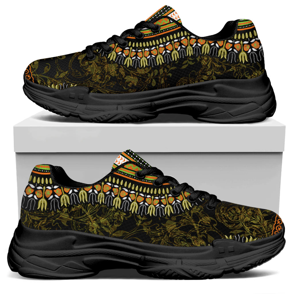 Orange And Black African Dashiki Print Black Chunky Shoes