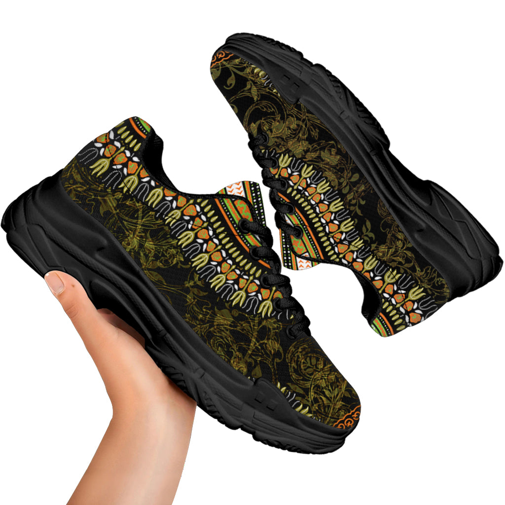 Orange And Black African Dashiki Print Black Chunky Shoes
