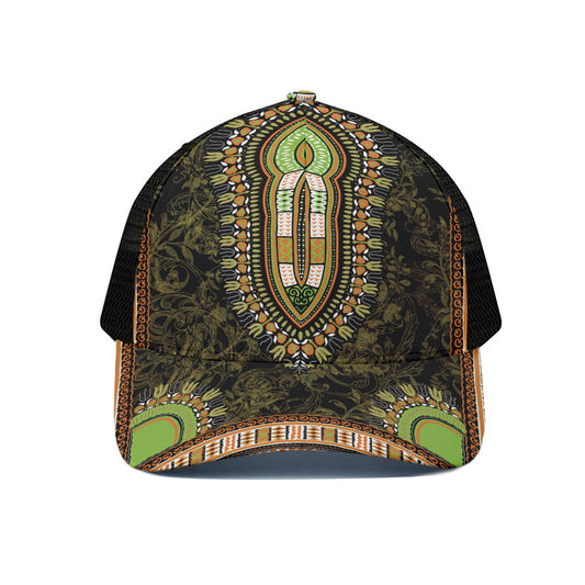 Orange And Black African Dashiki Print Black Mesh Trucker Cap