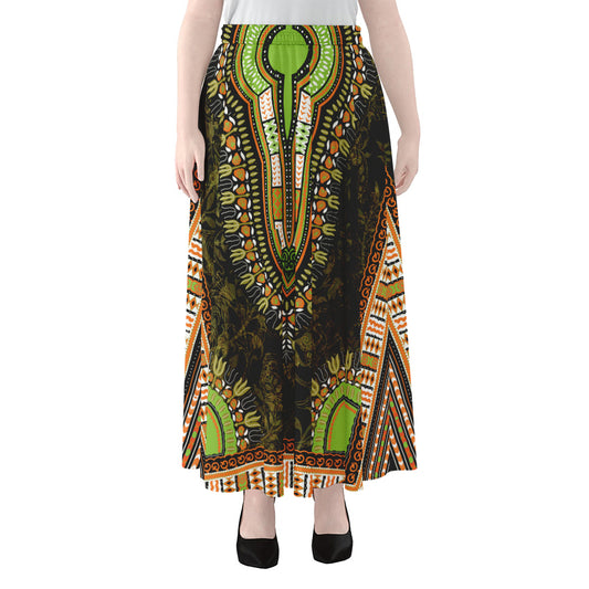 Orange And Black African Dashiki Print Chiffon Maxi Skirt