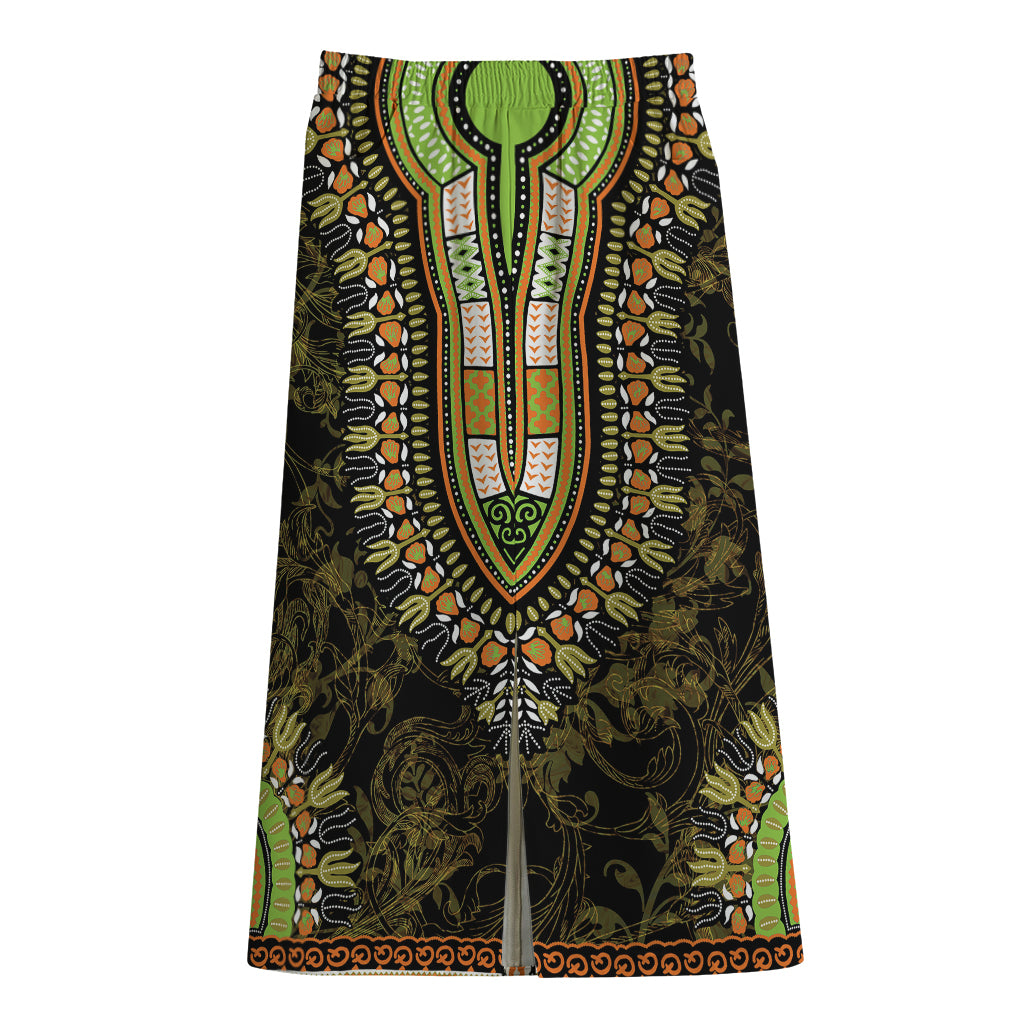 Orange And Black African Dashiki Print Cotton Front Slit Maxi Skirt