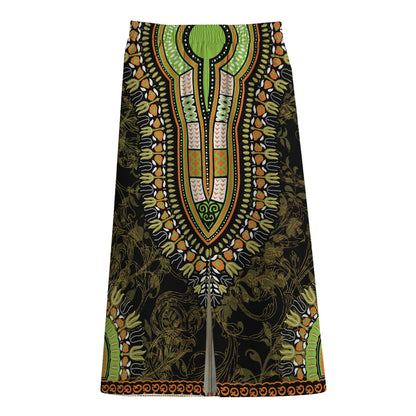 Orange And Black African Dashiki Print Cotton Front Slit Maxi Skirt