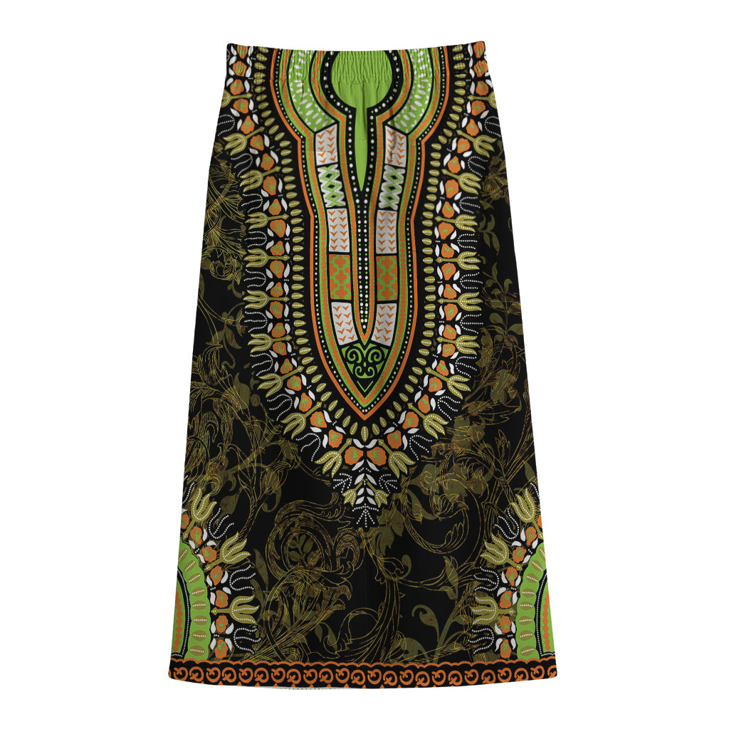 Orange And Black African Dashiki Print Cotton Front Slit Maxi Skirt