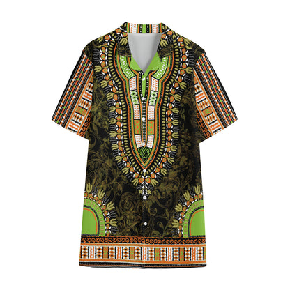 Orange And Black African Dashiki Print Cotton Hawaiian Shirt