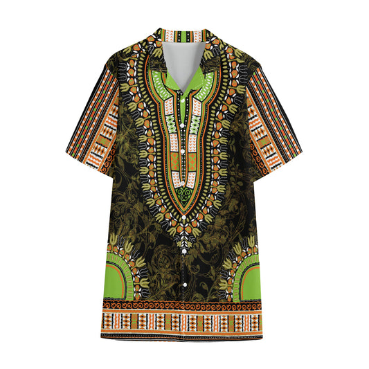 Orange And Black African Dashiki Print Cotton Hawaiian Shirt