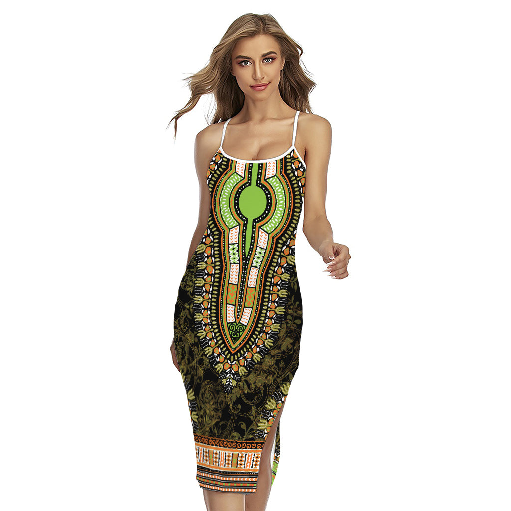 Orange And Black African Dashiki Print Cross Back Cami Dress