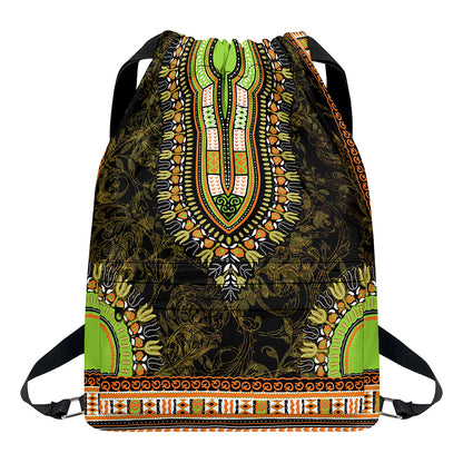Orange And Black African Dashiki Print Drawstring Backpack