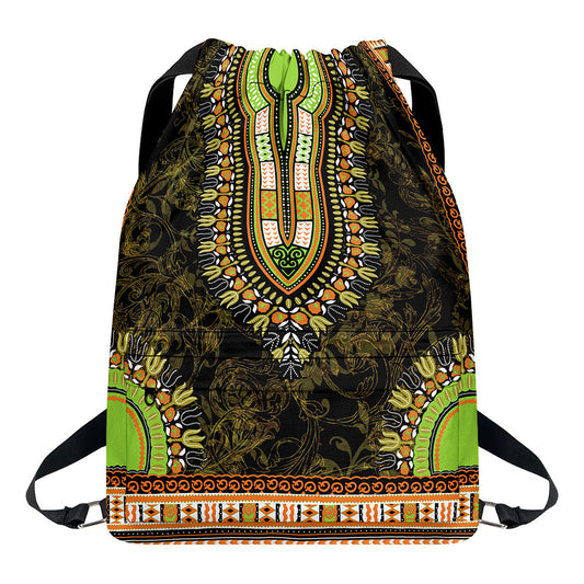 Orange And Black African Dashiki Print Drawstring Backpack
