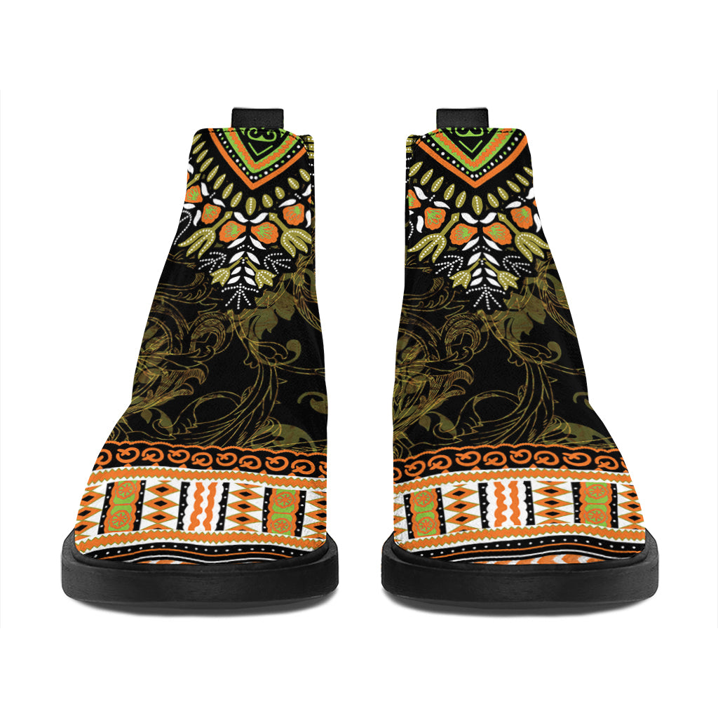 Orange And Black African Dashiki Print Flat Ankle Boots