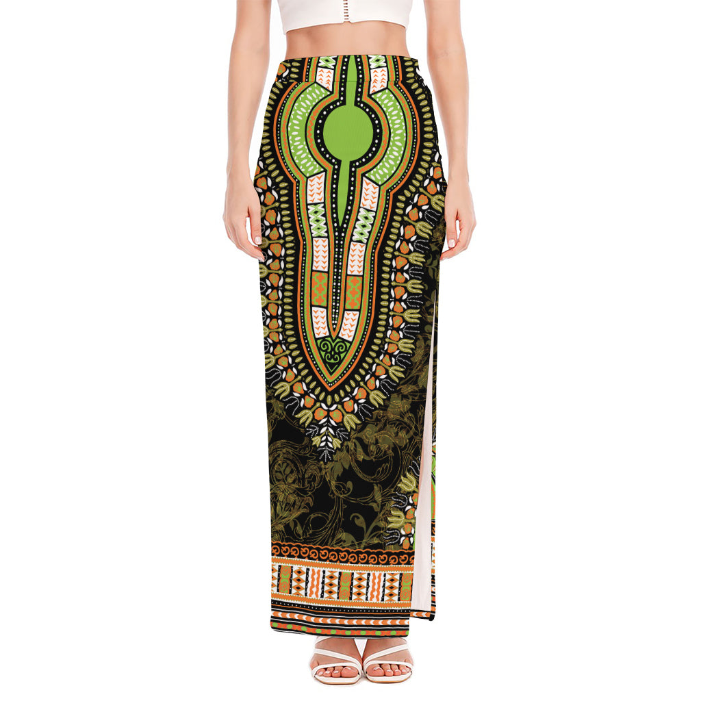 Orange And Black African Dashiki Print High Slit Maxi Skirt