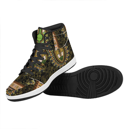 Orange And Black African Dashiki Print High Top Leather Sneakers