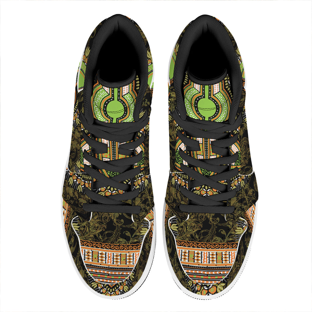 Orange And Black African Dashiki Print High Top Leather Sneakers