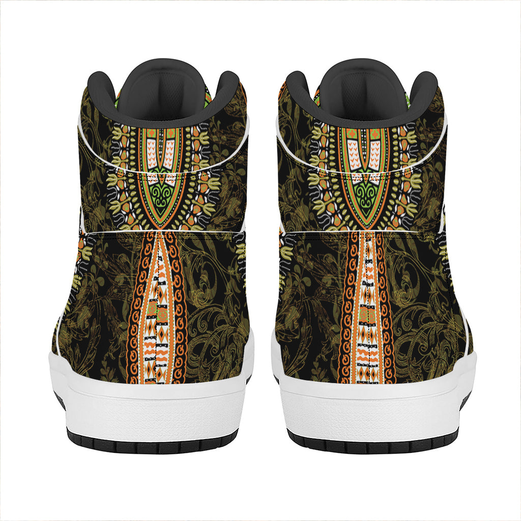 Orange And Black African Dashiki Print High Top Leather Sneakers