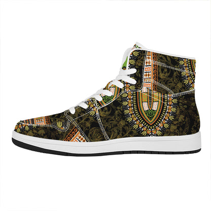 Orange And Black African Dashiki Print High Top Leather Sneakers