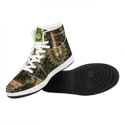 Orange And Black African Dashiki Print High Top Leather Sneakers