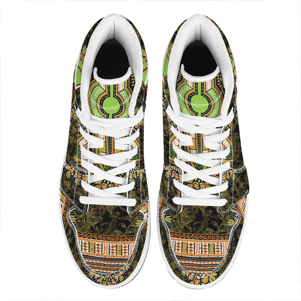 Orange And Black African Dashiki Print High Top Leather Sneakers