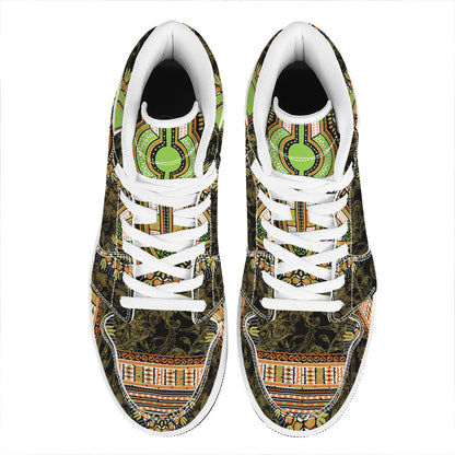 Orange And Black African Dashiki Print High Top Leather Sneakers