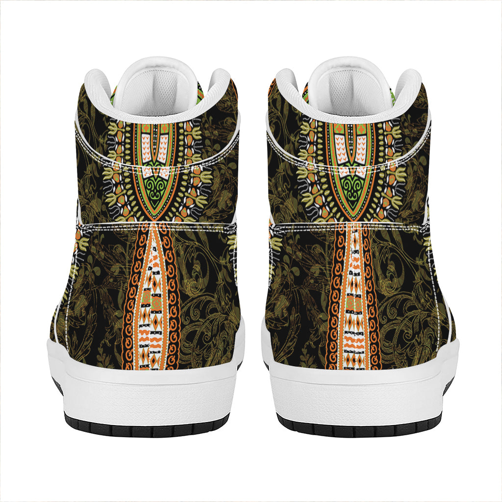 Orange And Black African Dashiki Print High Top Leather Sneakers