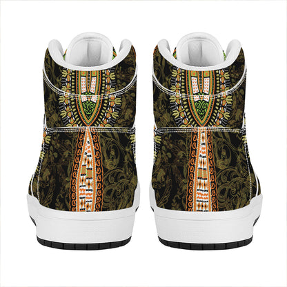 Orange And Black African Dashiki Print High Top Leather Sneakers