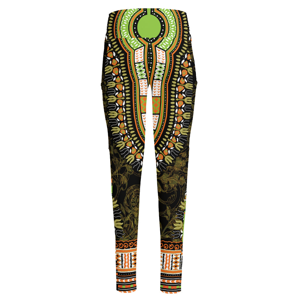 Orange And Black African Dashiki Print High-Waisted Pocket Leggings