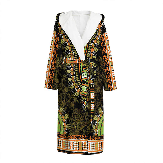 Orange And Black African Dashiki Print Hooded Bathrobe