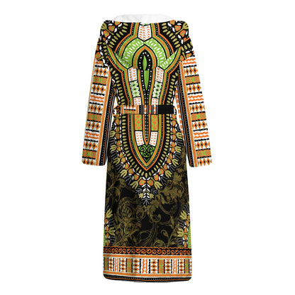 Orange And Black African Dashiki Print Hooded Bathrobe