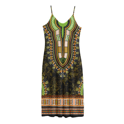 Orange And Black African Dashiki Print Jersey Midi Cami Dress