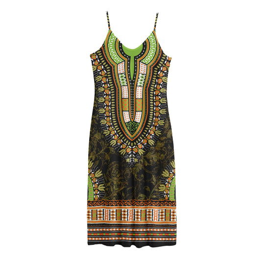 Orange And Black African Dashiki Print Jersey Midi Cami Dress