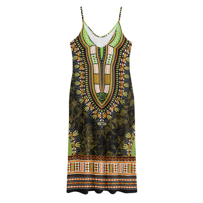 Orange And Black African Dashiki Print Jersey Midi Cami Dress