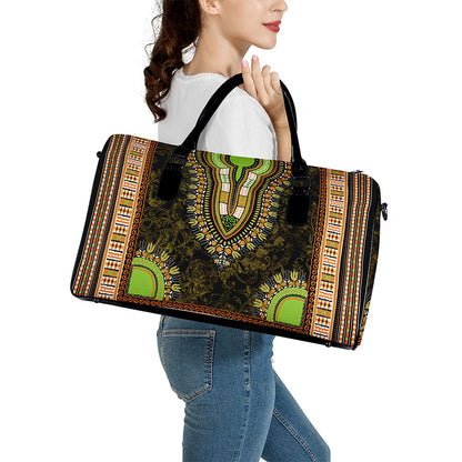 Orange And Black African Dashiki Print Leather Duffle Bag
