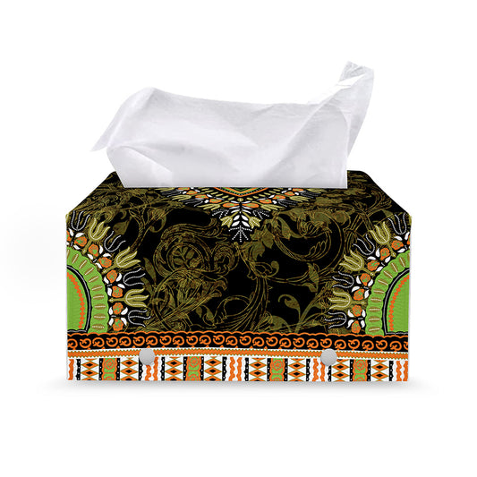 Orange And Black African Dashiki Print Leather Tissue Box Cover