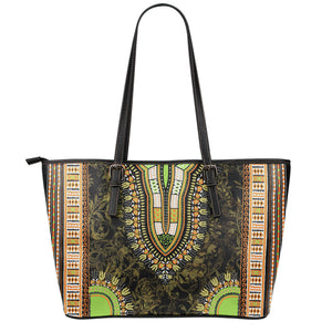 Orange And Black African Dashiki Print Leather Tote Bag