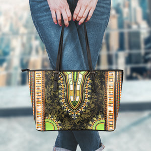 Orange And Black African Dashiki Print Leather Tote Bag