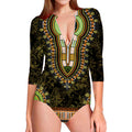 Orange And Black African Dashiki Print Long Sleeve Swimsuit
