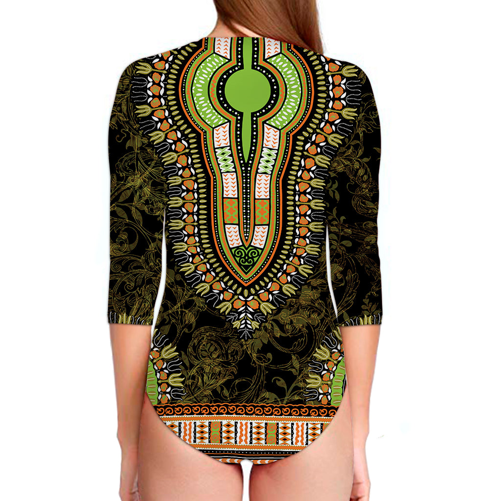Orange And Black African Dashiki Print Long Sleeve Swimsuit