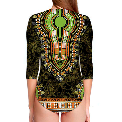 Orange And Black African Dashiki Print Long Sleeve Swimsuit