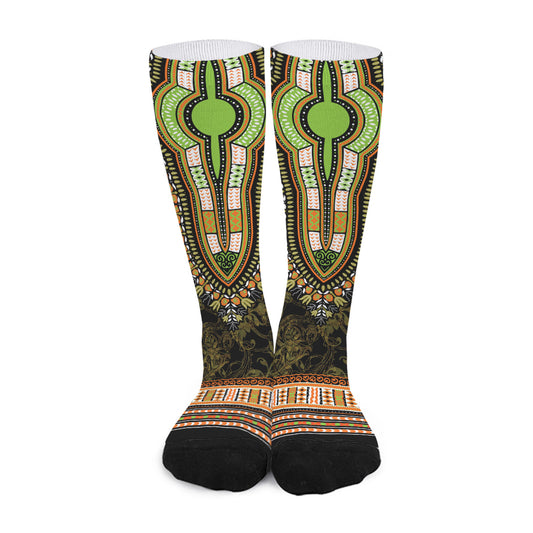 Orange And Black African Dashiki Print Long Socks