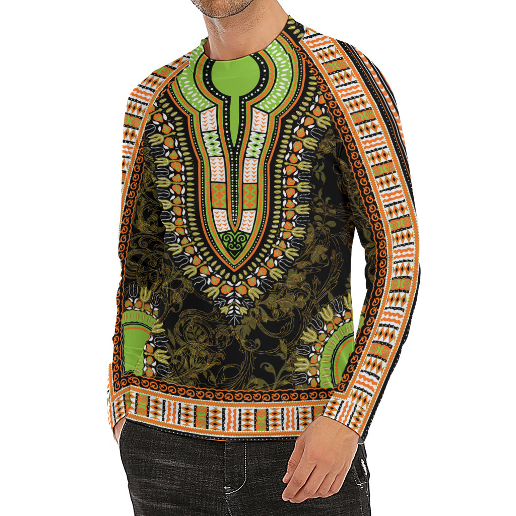 Orange And Black African Dashiki Print Men's Long Sleeve Rash Guard